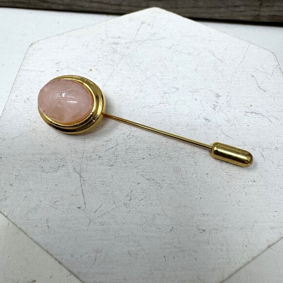 Gold Tone Stick Pin With Oval Rose Quartz Gemstone Scarab design - Picture 1 of 6